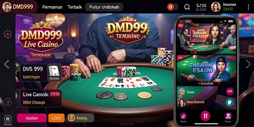 Screenshot gameplay DMD999 menampilkan dealer profesional dan suasana kasino yang hidup.